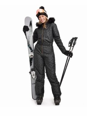 Tipsy Elves Black Leopard Print Ski Snow One-Piece Jumpsuit